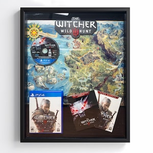 The Witcher 3 PS4 Shadowbox Display - Authentic Game Disc, Map, CD Booklet Gamer Wall Art, Anniversary Gift, Room Decor, Framed Art
