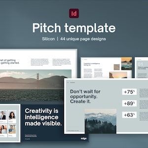 May include: A pitch template for a business presentation. The template features a dark blue background with white text and a photo of a bridge. The text says "Creativity is intelligence made visible." and "Don't wait for opportunity. Create it."