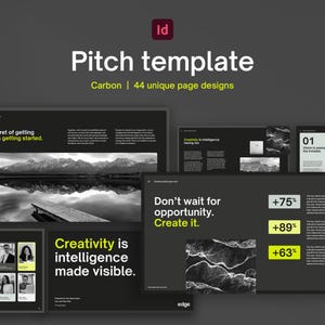 Peut inclure: Une image en noir et blanc d'un lac et de montagnes avec une jetée en bois au premier plan. Le texte "The secret of getting ahead is getting started." est affiché au-dessus de l'image. Une image en noir et blanc d'une chaîne de montagnes avec un motif abstrait blanc et gris superposé. Le texte "Don't wait for opportunity. Create it." est affiché au-dessus de l'image. Le texte "Creativity is intelligence made visible." est affiché en jaune sur fond noir. Le texte "+75%, +89%, +63%" est affiché en jaune sur fond noir. Le texte "01 Vision is seeing the invisible" et "02 Vision is seeing the invisible" est affiché en blanc sur fond noir.