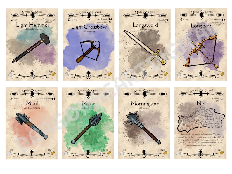 DND Weapon Cards PNG, DND 5e, Dungeon Master Resource, Game Master