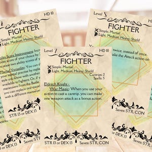 May include: A collection of fantasy cards featuring the word "Fighter". The cards have decorative borders and include text detailing abilities, spells, and stats. The cards are tan with gold and teal accents.