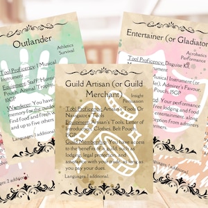 May include: Five illustrated cards with watercolor backgrounds and black borders. Each card features a different role-playing game character class, including Outlander, Entertainer (or Gladiator), Guild Artisan (or Guild Merchant), and Hermit. The cards include descriptions of the character class, tool proficiencies, equipment, and guild membership benefits.