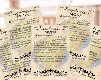 DND Monk Class Cards [PNG] - DND 5e, Players' Resource, Game Master Resource - Digital Download