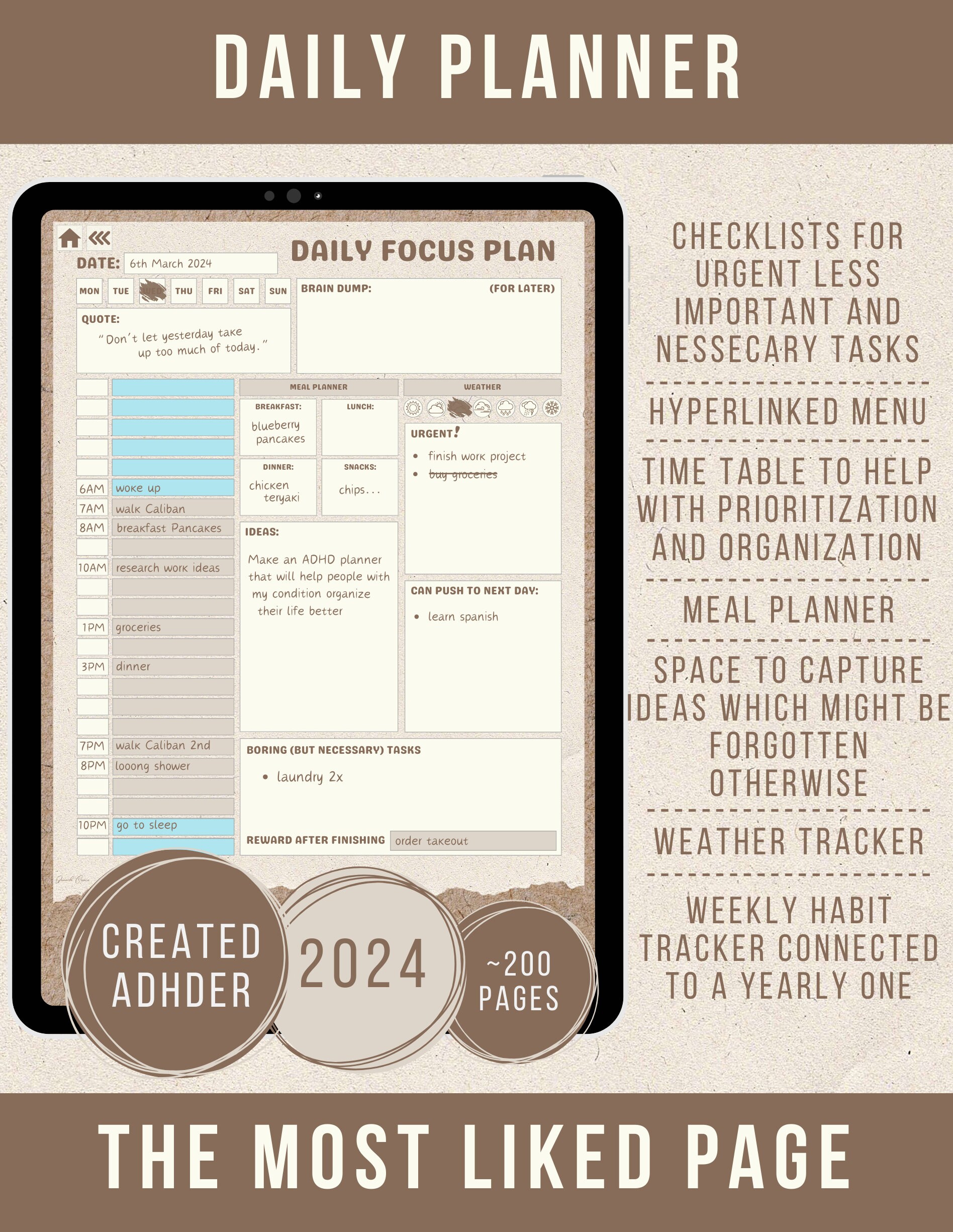 ADHD Digital Planner Beige Brown for iPad iPhone Android Mac. Adult ...