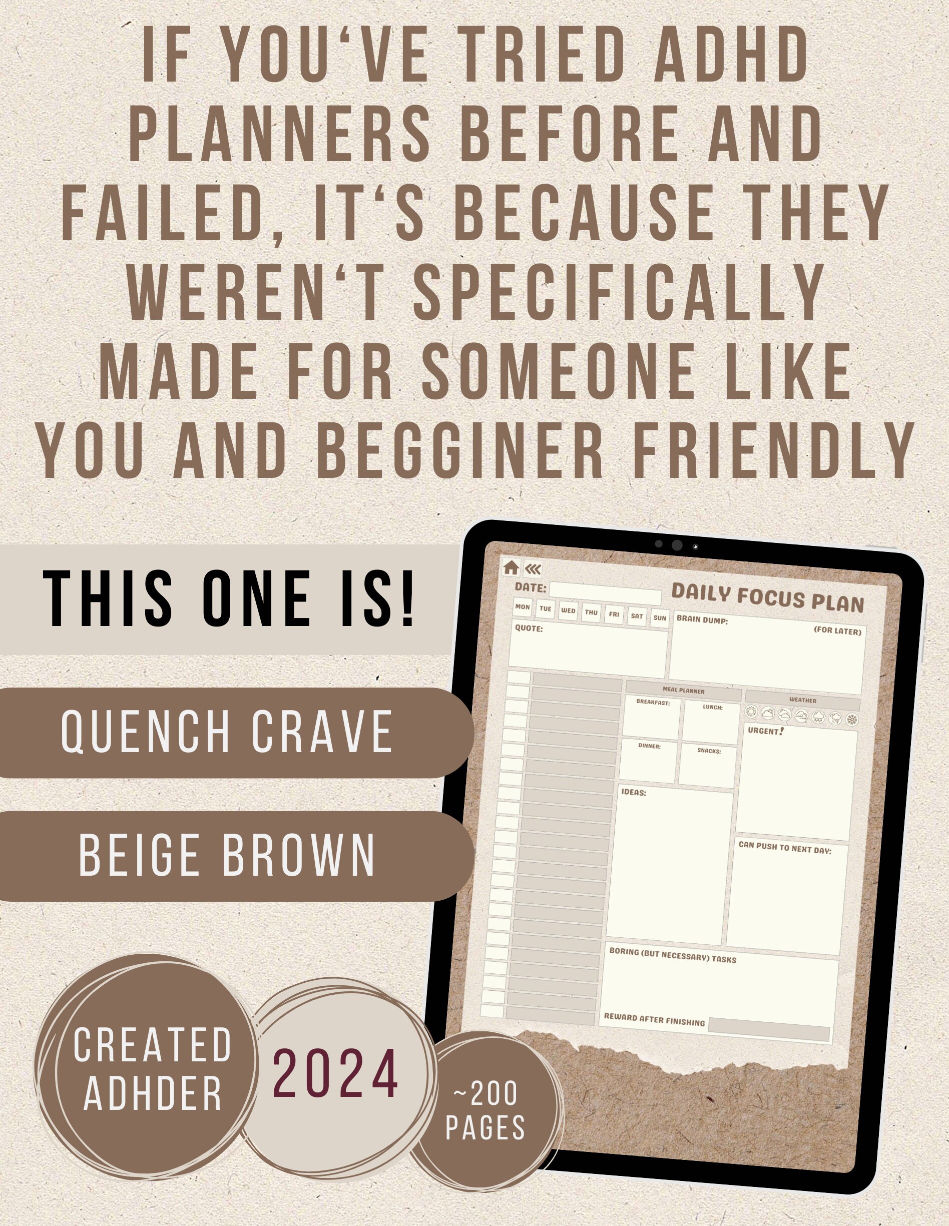ADHD Digital Planner Beige Brown for iPad iPhone Android Mac. Adult ...