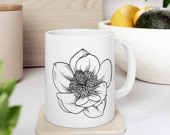 Magnolia B&W Cup koffiemok voor moeder mok koffie bloem koffie kopje voor koffie minnaar cadeau voor haar bloem mok koffie minnaar cadeau voor vriend