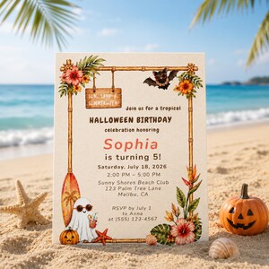 Ghost Pool Party Birthday Invitation, Summerween Tropical Halloween Bash (Digital Download)
