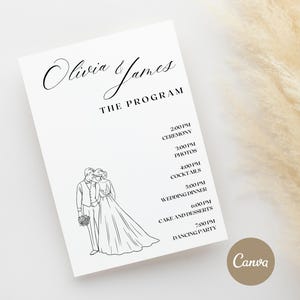 May include: A white wedding program featuring the names "Olivia & James" in cursive. The program details the day's schedule, a bride and groom illustration, and the Canva logo.