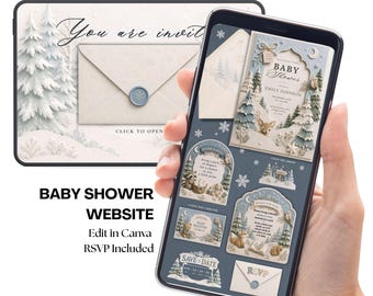 May include: A digital baby shower website template displayed on a tablet and smartphone screen. The design features a winter forest theme with pine trees, a deer, and an owl. Text includes "You are invited," "Baby Shower," "Emily Johnson," "Diaper Raffle," "Books for Baby," "Save the Date," and "RSVP."