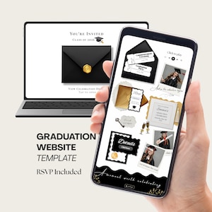 May include: A graduation website template displayed on a laptop and smartphone. The laptop screen shows an invitation with a black envelope and gold seal. The phone displays RSVP details, photos, and event information. Text includes "Graduation Website Template" and "RSVP Included."