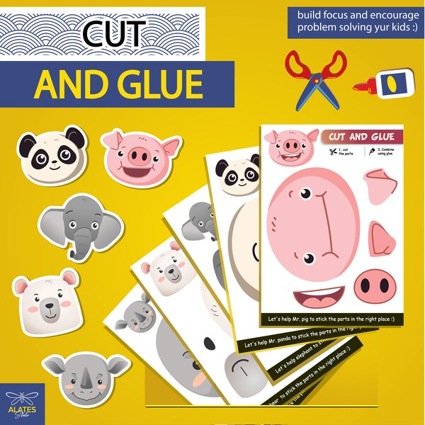 Cut and glue animal version. Scissors activity for kids. Cut out and paste. Cutting practice for toddler. Preschool printable activity