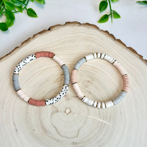 Neutral Heishi Beaded Bracelet- Neutral colors, Speckled- Gold discs- Stackable Stretchy Bracelet- Gift for her- Everyday