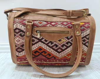 Bolso de alfombra, bolso kilim turco, bolso de alfombra hecho a mano, bolso de cuero