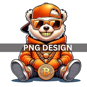 May include: A cartoon illustration of a white bear wearing a bright orange hoodie, a baseball cap, and sunglasses. The bear is sitting with its legs crossed and holding a large gold bitcoin coin. The bear is wearing a gold chain with a bitcoin pendant.