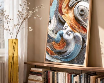May include: A framed abstract art print featuring a face with closed eyes, rendered in shades of white, blue, orange, and gray. The artwork is displayed on a wooden shelf with a collection of books. A tall yellow vase with branches and a small orange table are in the foreground.