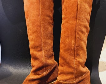 Rare Topshop Over the Knee /Thigh High Chestnut Suede Wedge Boots
