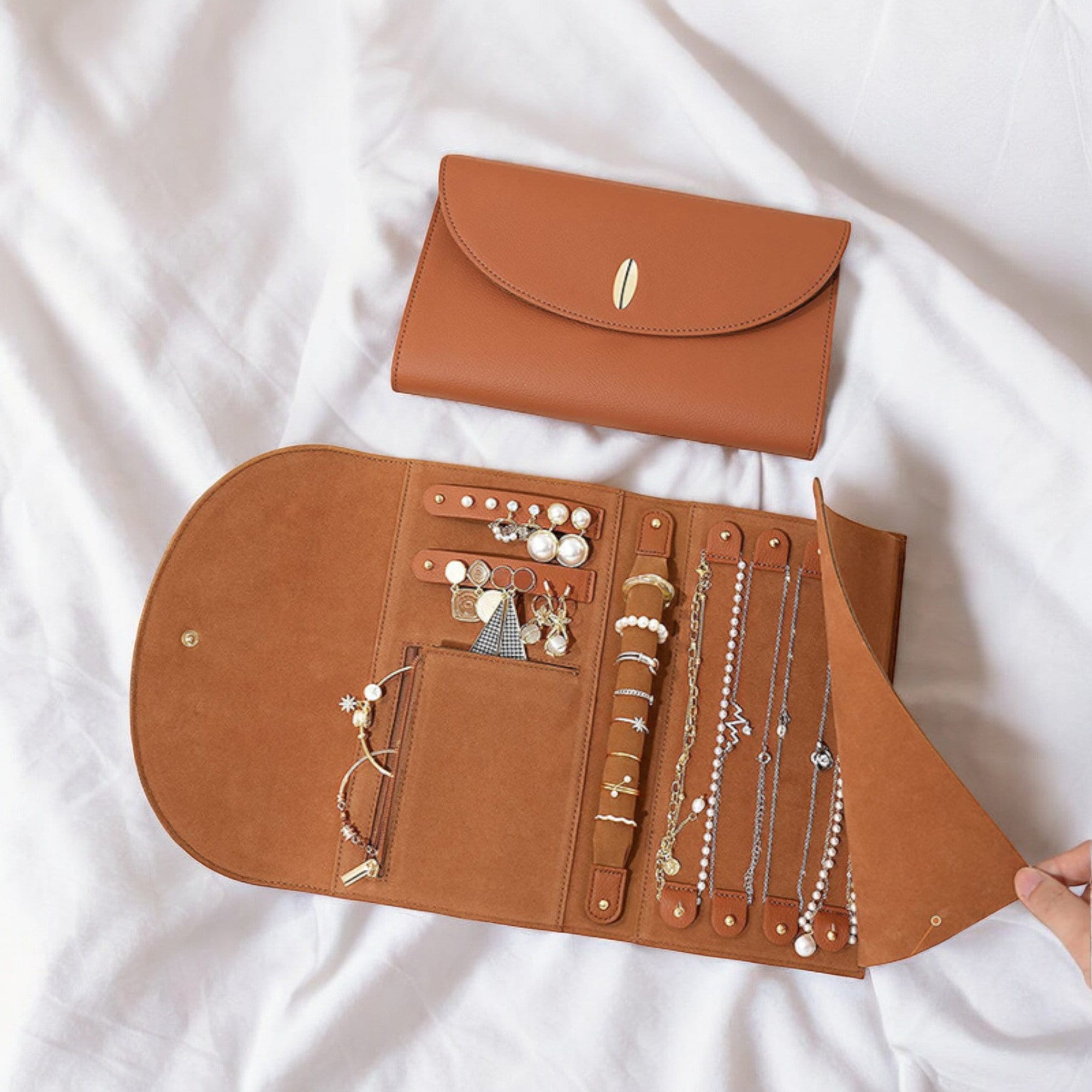 Elegant Leather Foldable Jewellery Organiser, Brown Leather Jewellery Organiser, Portable Jewellery Roll, Flannel Jewellery Roll