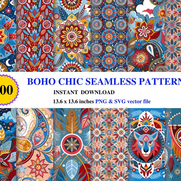 Boho Chic Seamless Pattern - Digital Download, Ethnic and Floral Design for Fabric, Wallpaper, & Crafts commercial use