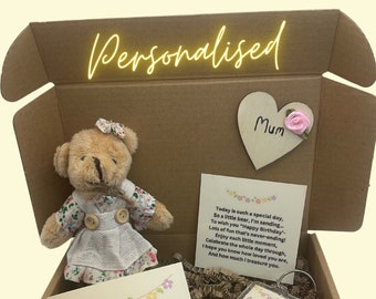 Happy Birthday Mum Teddy Bear Gift Box, Personalised, Keyring, Birthday rhyme, Notelet, Wooden ‘Mum’. Token. Unique Gift For Mother.