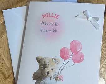 Baby Girl Personalised Card, Welcome To The World, Teddy Bear, Pink Balloons, Birth Congratulations To New Parents, White, 7 x 5 “ 300gsm.