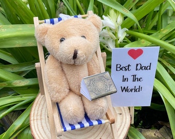 Happy Fathers Day Reading Bear, Striped Deckchair, The Perfect Gift For A Book Lover, Writer, Cute Teddy Relaxing With Book, Keyring, Rhyme.