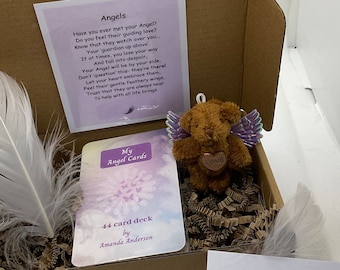 Angel Bear Gift Box, Angel Oracle Card Deck, Words Of Comfort Rhyme Card, Perfect Spiritual Theme Caring Present. Pocket Angel Teddy.