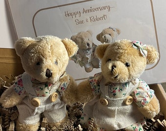 Happy Anniversary Personalised Gift, Two Tiny Teddy Bears Make The Perfect Couple To Send Your Love, Includes A Matching Personalised Card.