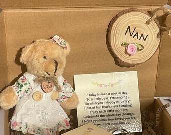 Happy Birthday Nan, Personalised Teddy Bear Gift Box, Keyring, Birthday rhyme, Notelet, Wooden ‘Nan’ Token. Unique Gift For Gran.Nanny, etc.