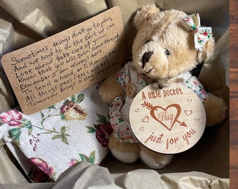 Pocket Bear Hug Gift Box, Handwritten Rhyme, Caring, Supportive Gift, Tiny Bear With A Pocket Hug charm and Pouch.