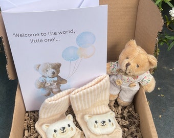 Baby Boy Welcome Box, Gift For Newborn, Tiny Teddy, Teddy Bear Socks/Bootees, Welcome Baby Greetings Card, New Parents Congratulations