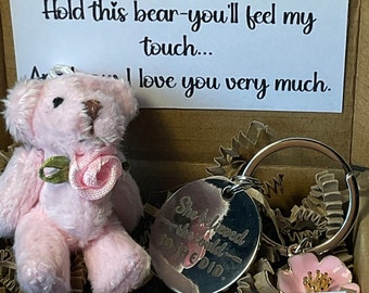 Daughter Pocket Bear Keyring Gift Box, Gift For Daughter, Leaving Home, University, Job, Moving Away. Pink Bear, With Bespoke Rhyme. Love.