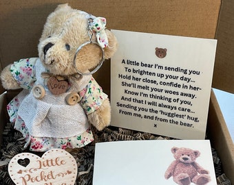Pocket Bear Gift Box, Tiny 10cm Keychain Rustic, Floral Bear, With Bespoke Rhyme Of Support, And A Pocket Hug Wooden Heart. Sending Love.