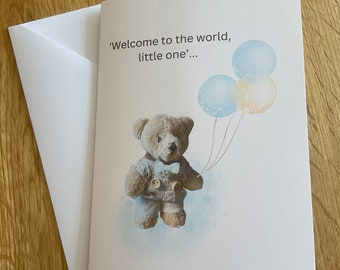 Baby Boy Card, Welcome To The World, Teddy Bear, Balloons, Birth Congratulations To New Parents, White, 7 x 5 “ 300gsm.