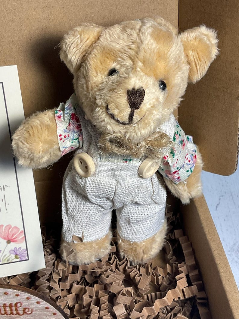 May include: A small, beige teddy bear wearing a white overall with floral print and two buttons. The bear is sitting in a brown paper shred box.