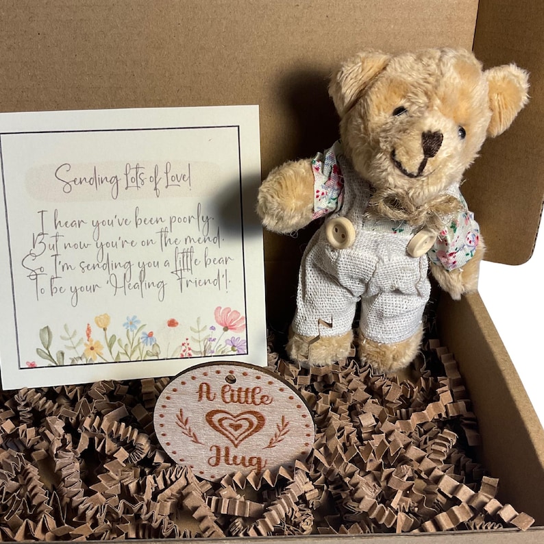 Sending lots of love and get well soon wishes , tiny floral teddy bear and rhyme with pocket hug token. Eco friendly gift to wish someone a speedy recovery and let them know you are thinking of them. Hospital or home recovery recuperation present for sick friend or family member. Now your operation is over caring gesture.