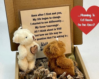 Marriage Proposal,Teddy Bear Gift,Two Tiny Pocket Teddies, Love heart embellishment, Bespoke ‘Will You Marry Me’ Rhyme, Fiancée/Fiancé gift.