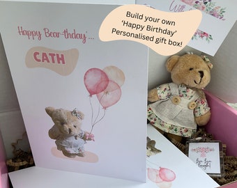 Personalised Birthday Card, Lipstick Pink Birthday Gift Box, Teddy Bear Themed Gift Set, Present For Girly Girl, Happy Birthday Girlfriend,