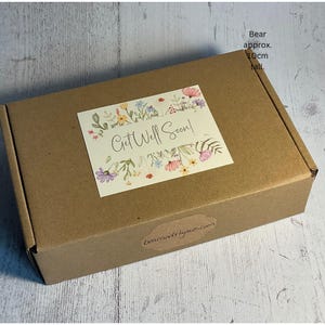 May include: A brown cardboard box with a floral design sticker that says "Get Well Soon!" and a smaller sticker with the text "bearandrhyme.com".