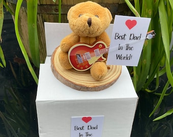 Happy Fathers Day Guitar Bear. The Perfect Gift For A Musician, Guitarist Dad! Cute, Tiny Teddy (approx. 9”) Sitting On A Log Slice.Best Dad