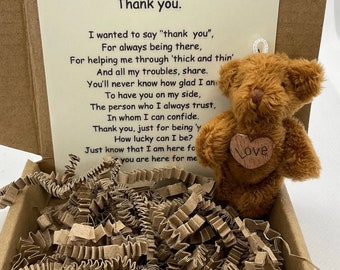 Thank You Tiny Pocket Bear Gift Box, Laminated Rhyme. Gift Of Gratitude And Appreciation. Thanks For Everything. Gift For Supportive Friend.