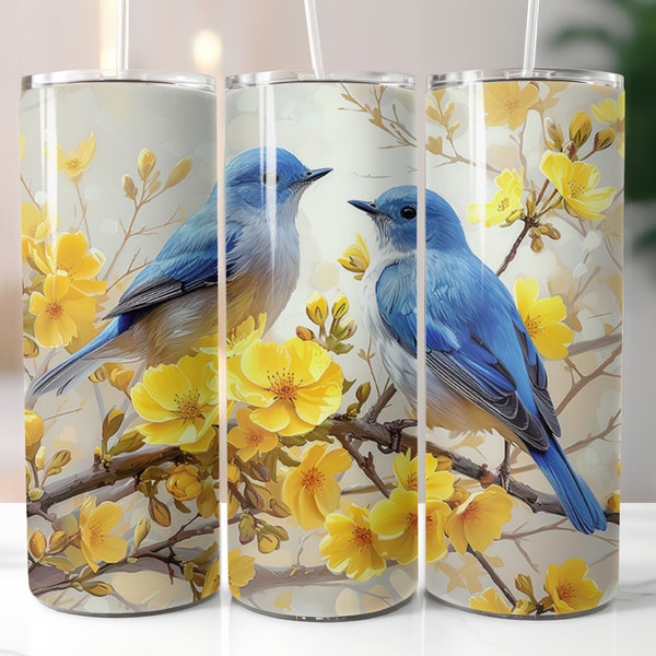Beautiful Birds on Yellow Flowers Tumbler Wrap, 20 oz Skinny Tumbler Sublimation Design, Instant Digital Download PNG, 4-Bonus Design bundle