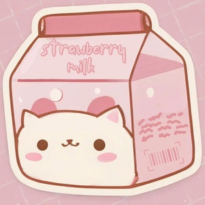 Etiqueta do gato da morango adesivo | Leite de Kawaii Adesivo | Caixa bonito do leite adesivo | adesivo de vinil kawaii | Estética de Morango | Presente para amantes de gatos
