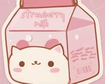 Etiqueta do gato da morango adesivo | Leite de Kawaii Adesivo | Caixa bonito do leite adesivo | adesivo de vinil kawaii | Estética de Morango | Presente para amantes de gatos