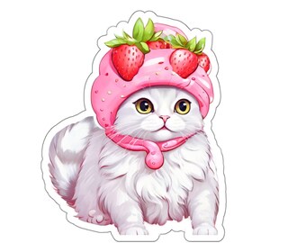 decalque doce do gato da morango | Etiqueta do gato de Kawaii Meme de <br> Entrega Rápida? Impressão cor-de-rosa divertido da fruta | Gato feminino | adesivos de morango | adesivo de gato rosa