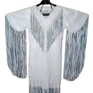 Handmade White Leather Fringe Dress: Beaded Western Maxi