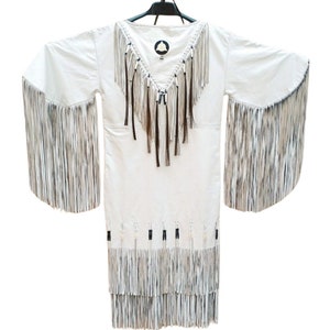 Handmade White Leather Fringed Wedding Dress: Beaded Powwow Regalia