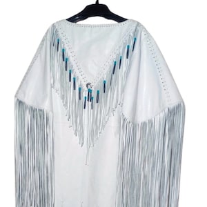 Handmade White Leather Fringed Wedding Dress: Beaded Powwow Regalia