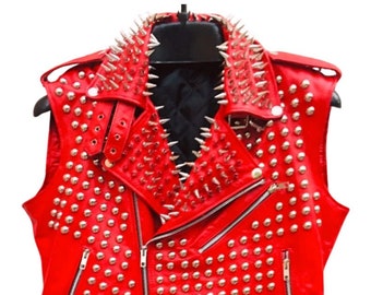 Men's Handmade Red Studded Leather Vest, Steam Punk Master Piece Studded Vest, Hand Crafted Studded Vest, Each Stud & Spike Fitted With Hand