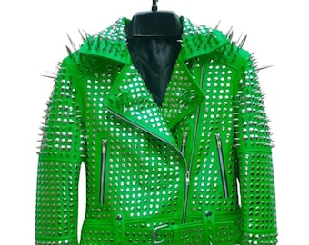 Chaqueta de cuero con tachuelas hecha a mano, chaqueta de cuero verde, chaqueta de cuero Steam Punk, chaqueta de cuero con tachuelas, chaqueta con tachuelas para mujer, chaqueta de mujer