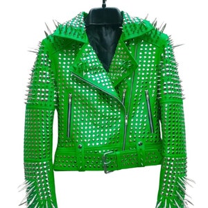 Handmade Studded Leather Jacket, Green leather jacket, Steam Punk Leather Jacket, Studded leather jacket, Women Studded jacket, Women jacket